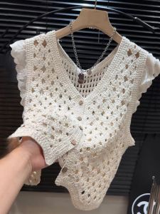 Counter Withdrawal Cut Label Cut Out Crochet Knitting Vest Womens Summer Wooden Ear Cute Youth-Looking Outer Wear Sleeveless Tops