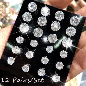 12pc/set Simple Stainless Steel Diamond Ear Stud Hypoallergenic Zircon Earrings for Women Accessories Jewelry