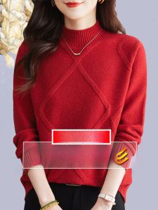 เสื้อชั้นในผ้าขนสัตว์หนาสำหรับผู้หญิงฤดูใบไม้ร่วงและฤดูหนาวปีนักษัตรสีแดงลายเพชร เสื้อสเวตเตอร์คอปกตั้งยาว