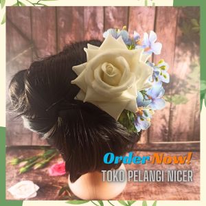 Sirkam Sanggul Rambut Sakura Biru Mix Mawar Putih - Hiasan Sanggul Rambut Hairdo Jepit Rambut
