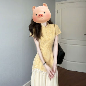 New Chinese Style Slimming Qipao Dress Sweet False Two-Piece City Commute Summer Short Sleeve Regular Thickness Ladies Dress