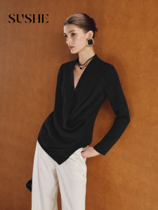 SUSHE | Overlap V-Neck Irregular Hem Hidden Elastic Waist Chiffon Blouse