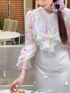 SHUAIYUE | French Lace Collar Bell Sleeve Blouse