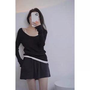 PEIXI | Elegant Stylish Blue Faux Two-piece Womens Sweater Long Sleeve