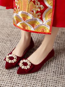 Red Wedding Shoes Womens 2025 New Style Two-Way Wear Pearl Soft Bottom Flat Shoes for Bridal Gown And Maternity Single Shoes