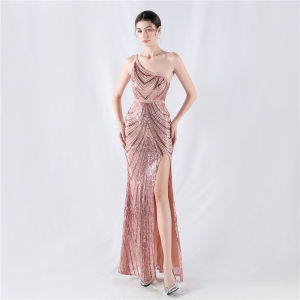 Female Zipper Dresses Sequin Pure Color High Fork Single Shoulder Classy Evening Dress For Women