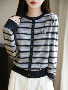 เสื้อคาร์ดิแกนถักคอตตอนผสมไหมผสมขนสัตว์สไตล์เกาหลีสำหรับผู้หญิง แขนยาว ปกกลม ลายทาง ทรงหลวม ฤดูใบไม้ผลิ 2025