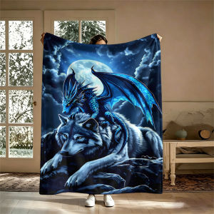 Potdemiel | Blue Dragon Wolf MoonFlannel Blanket Warm Soft Halloween Christmas Couch Warm Cozy Decorative Decor Gift for All Season