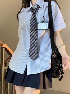 Japanese Style JK Shirt Top Womens Striped Short Sleeve Loose Summer Fashion Set with Pleated Skirt 2025 New College Style