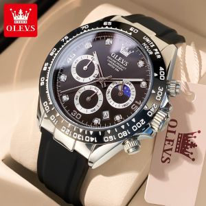OLEVS Jam Tangan Pria Dewasa 2025 Anti Air Asli Keren Led Hitam Luxury Chronograph Tali silikon Fase Bulan Kalender Berlian
