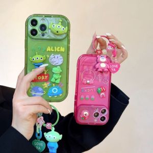 【New】Flip Mirror 3D Cartoon Alien & Strawberry Bear TPU Phone Case with Bracket Function For iPhone X XS XR 11 12 1314 15 16 Series