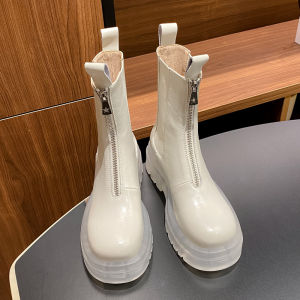 รองเท้าบูทมาร์ตินหนังแท้พื้นหนาพื้นเจลลี่สำหรับผู้หญิงรองเท้าบูทสั้นแบบใหม่ฤดูใบไม้ร่วงและฤดูหนาวรองเท้าบูททรงบุหรี่หนังแก้วติดซิปหน้า