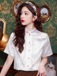 Áo Sơ Mi Tay Ngắn Mùa Hè Cho Nữ Phong Cách Trung Hoa Cổ Truyền Áo Cánh Thanh Lịch Cao Cấp Áo Sơ Mi Hanfu Chất Liệu Satin