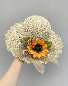 Mũ rộng vành nón đi biển chống nắng du lịch dã ngoại gấp gọn thoáng mát gắn hoa vàng xinh