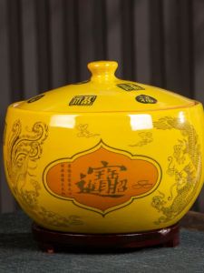 Jingdezhen Ceramic Yellow Rice Tub Home Use Sealed Cover Moisture Proof Oil Cylinder Pickled Vegetable Storage Jar Kitchen Utility