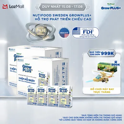 Combo 2 thùng Sữa Nước Pha Sẵn Nutifood Sweden GrowPLUS+ Cao lớn vượt trội - Hỗ trợ phát triển chiều cao - Trên 1 tuổi - 24 hộp x 110ml