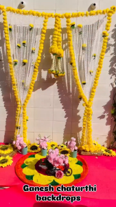 Feather Yarn Flower Backdrop curtain 7 Feet Length 5 Feet Width for Decor Temple Wedding Diwali Festival Ganesh Pooja Home and Event Decoration