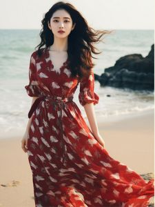 French Tea Break Elegance Long Red Floral Print Silk Chiffon Dress Summer 2024 Womens Fashion Slim Fit Style New Arrival