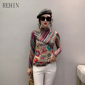 เสื้อยืดแขนยาว ผู้หญิง สำหรับผ้าฝ้าย คอปกสูง พิมพ์ลาย เสื้อตามเทรนด์