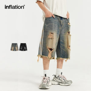 INFLATION brand hip-hop patchwork denim shorts 2024 Spring/Summer trendy brand new street hip-hop perforated denim shorts