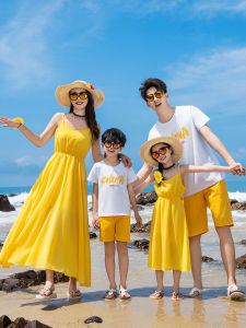 Summer Family Vacation Beach Style Pure Color Strap Dress Set Casual Cotton Blend Polyester Fabric Mommy And Me Outfit for a Couple Kids