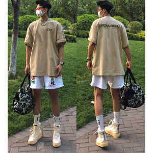 เสื้อยืดแขนสั้นผ้าฝ้ายแท้สไตล์อเมริกันสำหรับผู้ชาย ทรงหลวม สไตล์ฮิปฮอป เสื้อตัวบนพิมพ์ลายฮอลูด แฟชั่นฤดูร้อน