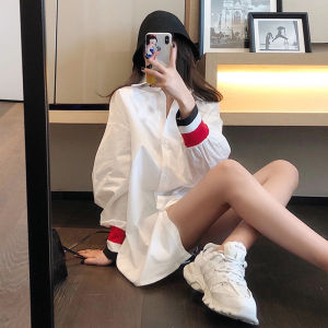 Korean Style Pure Cotton Loose Mid-Length Womens Shirt Autumn Winter Button up Polo Neck Striped Pattern Office Commute Wear