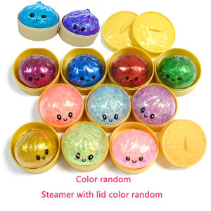 Simulation Glitter Dumpling Squishy with Box Bun Beads Sensory Steamer Soft TPR Dough Ball for Decompression Fidget Toy Gifts