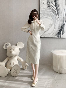 French Style Butterfly Knot Dress Slimming Midi Skirt Beautiful Spring New Womens High Waist A-Line Knitted Dress