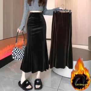 Váy Midi Chữ a Màu Đen Nhung Kẻ Dày Cạp Cao Ôm Sát Cơ Thể Đuôi Cá Mùa Thu Đông Cho Nữ