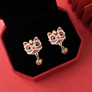 New Years Red Lioness Earring 925 Silver Needle Style Womens Fashion Jewelry Traditional Chinese Culture Inspired Ear Cuff