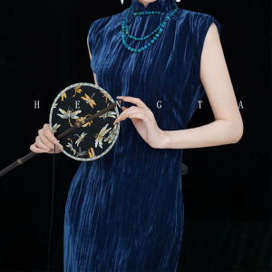 New Chinese Blue Cheongsam Morning Gowns Female Bride Elegant Fancy Engagement Party Evening Dress Evening Gown Dress