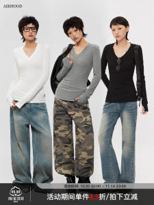 Airhood American Style Long Sleeve Slim Fit Base Shirt Women Spring Autumn White V-neck Body T-shirt Korean System Inner Wear Top