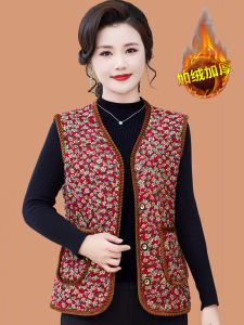 เสื้อกั๊กผ้าฝ้ายหนาแบบมีขนแกะสำหรับฤดูใบไม้ร่วงและฤดูหนาวสำหรับผู้หญิงวัยกลางคนและผู้สูงอายุ เสื้อคลุมกันหนาวลายดอกไม้ แขนยาว ปกติ