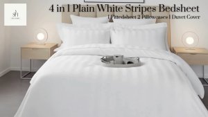 SevHome 4 in 1 Plain White Stripes Bedsheet Sets | Cotton 400TC Hotel Quality Stripe Bedsheets | Beddings Bed sheet set with 1 Fitted Sheet with Garter 1 Duvet Comforter Quilt Cover 2 Pillow case | Size Single Double Queen King