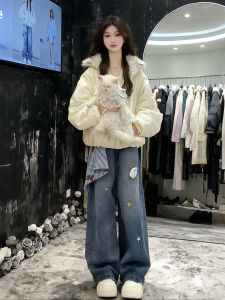XUECAIQI | Warm Faux Fur Collar Cotton Coat and Jeans Set