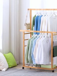 Bamboo Clothes Hanging Rack 2Layers 60/80/100CM: A Movable Wooden Wardrobe Organizer