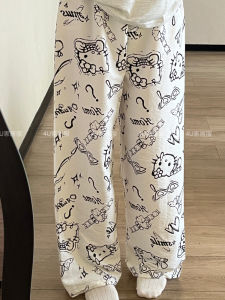 Summer Thin Casual Comfortable Wide Leg Home Pants Womens Sleepwear Loose Cartoon Print High Waist Long Pants for Outdoor Strolls