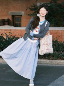 Váy Dài Vừa Phải Màu Xanh Cạp Cao Phong Cách Hàn Quốc Mùa Thu Mới Dáng Chữ a Dài Vừa Phải Đa Năng Cho Nữ