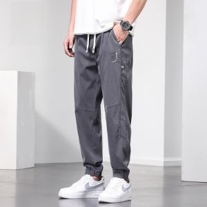 ROMON | Romon Mens Summer Thin Ice Silk Work Pants Casual Loose Elastic Sports Long Trousers Youthful Vitality Style Pocket Detail