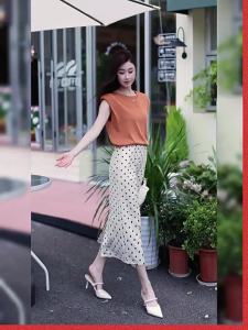 MEITESIJIAONU | Navy Blue Rayon Linen Polka Dot Thin Half Skirt
