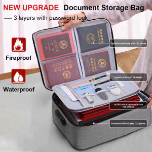 Document Storage Bag with Password Lock Large Capacity File Storage Bag 3 Layers Waterproof Fireproof Document File Organizer Portable Travel Bag Office Documents Passports Certificates USB Flash Drives Laptop Bank Cards Multi-functional Storage Bag