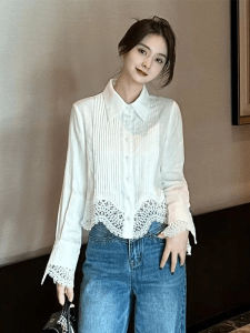 Áo Sơ Mi Nữ Cổ Polo Tay Dài Khoét Rỗng Màu Trắng Kiểu Dáng Pháp Mùa Xuân Thu Thời Trang Nhỏ Đẹp Độc Đáo Chất Liệu Cotton Thường Ngày