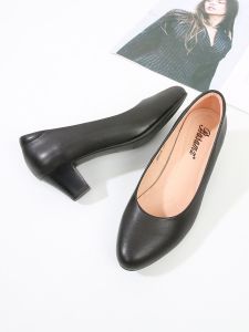 Work Shoes Womens Black Leather Shoes Thick Heel Genuine Leather Soft Bottom Soft Leather Plaid Soft Long Standing Not Tired Feet Professional High Heels