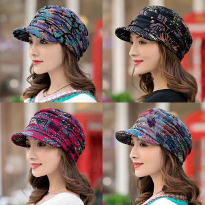 หมวกเบเร่ต์ผ้าฝ้ายผสมขนแกะลายดอกไม้ฤดูใบไม้ร่วง/ฤดูหนาวสำหรับผู้หญิง หมวกแฟชั่นสำหรับคุณแม่ หมวกทรงสี่เหลี่ยมแบน หมวกแฟชั่นสำหรับผู้หญิง