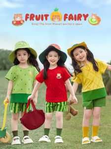 Cute Summer Short Sleeve round Neck Breathable Cool Cotton Blend Shorts Five Parts Short Pants Childrens Clothing Set for Girls