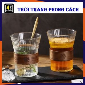 Ly Thủy Tinh Chịu Nhiệt Hoạ Tiết Vân Tăm Có Vòng Gỗ Chống Nóng - Cốc Thuỷ Tinh Uống Trà Cafe 300ML - Cốc Ăn Ngũ Cốc  Sữa Chua Thủy Tinh