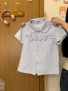 Blue Short Sleeved Polo Neck Shirt for Women with 3D Bow Neck Design Korean Style Commuter Fashion Skinny Fit Polyester Nylon Hybrid