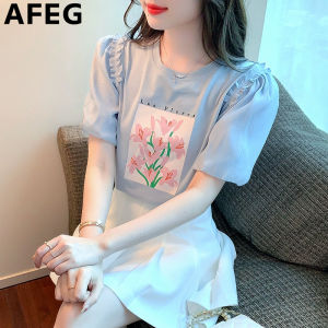 AFEG Korean version round neck fashion casual loose assorted plant print stitched chiffon bubble sleeve T-shirt