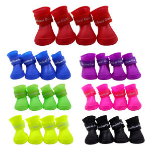 4Pcs Waterproof Dog Boots Shoes Puppy Candy Colors Non-Slip Rain Shoes Pet Boots